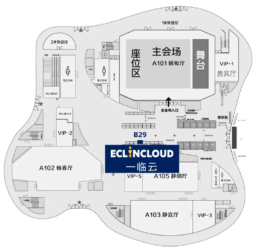 标有一临云B29展位的会场平面图